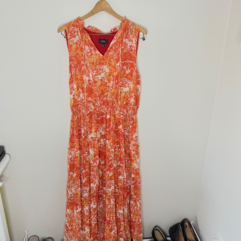 Women's MSK Orange Floral Sleeveless Long Dress Polyester Size XL Casual